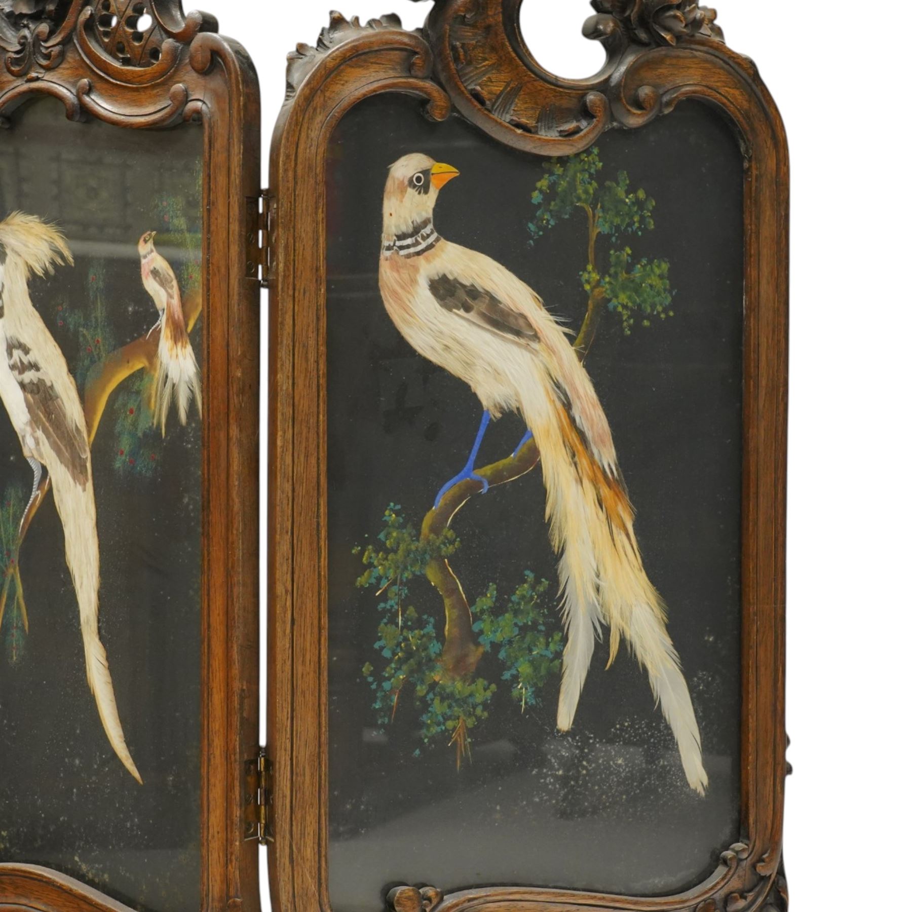 Rococo Revival carved hardwood framed triple panel fire screen, pierced and carved foliate and cartouche pediments with C-scrolls and scallop decoration, over three glazed panels depicting exotic birds of Mexican feather art, on cabriole supports with scroll feet
