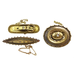 Victorian 15ct gold diamond and seed pearl buckle brooch Birmingham 1896 and two other Victorian 15ct gold diamond set brooches, tested or hallmarked