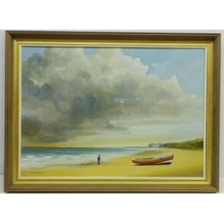  'Whitby from Sandsend Beach', oil on canvas signed and dated '75 by Neville R Grey (British 20th century), 50cm x 70cm  