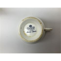 Coalport Athlone Green pattern tea wares, comprising coffee pot, seven coffee cans and saucers, milk jug, open sucrier, six tea cups and saucers, and six twin handled cups and saucers (42) 