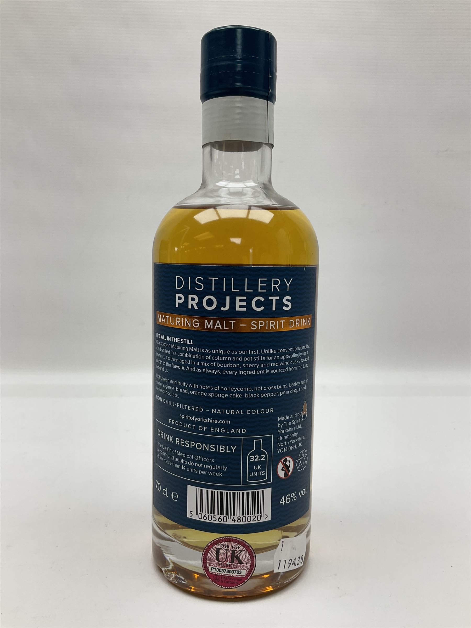 Spirit of Yorkshire Distillery, distillery projects maturing malt, project number 2, limited edition 580/2000, 70cl, 46% vol