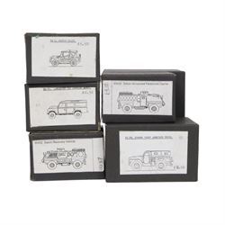 Twenty-eight BW Models 1:76 white metal model kits, including BW3 Land Rover 110 GS, BW67 MGB Transportation Pallet, BW35 Saxon Armoured Personnel Carrier, BW30 Alvis Salamander Tender, BW32 Humber Armoured Truck, BW8 Austin K9 Ambulance and BW9 Austin Tramp, all boxed, with nine load and trailer kits, all in bags (37)