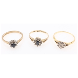 Two gold sapphire and diamond cluster rings hallmarked 9ct and gold diamond shield set ring stamped 18ct  