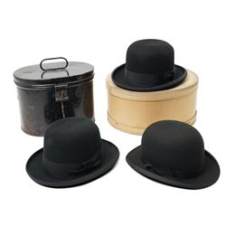 Three bowler hats and two cases, by Tress & Co, Lincoln Bennett & Co, and Christys' (3)