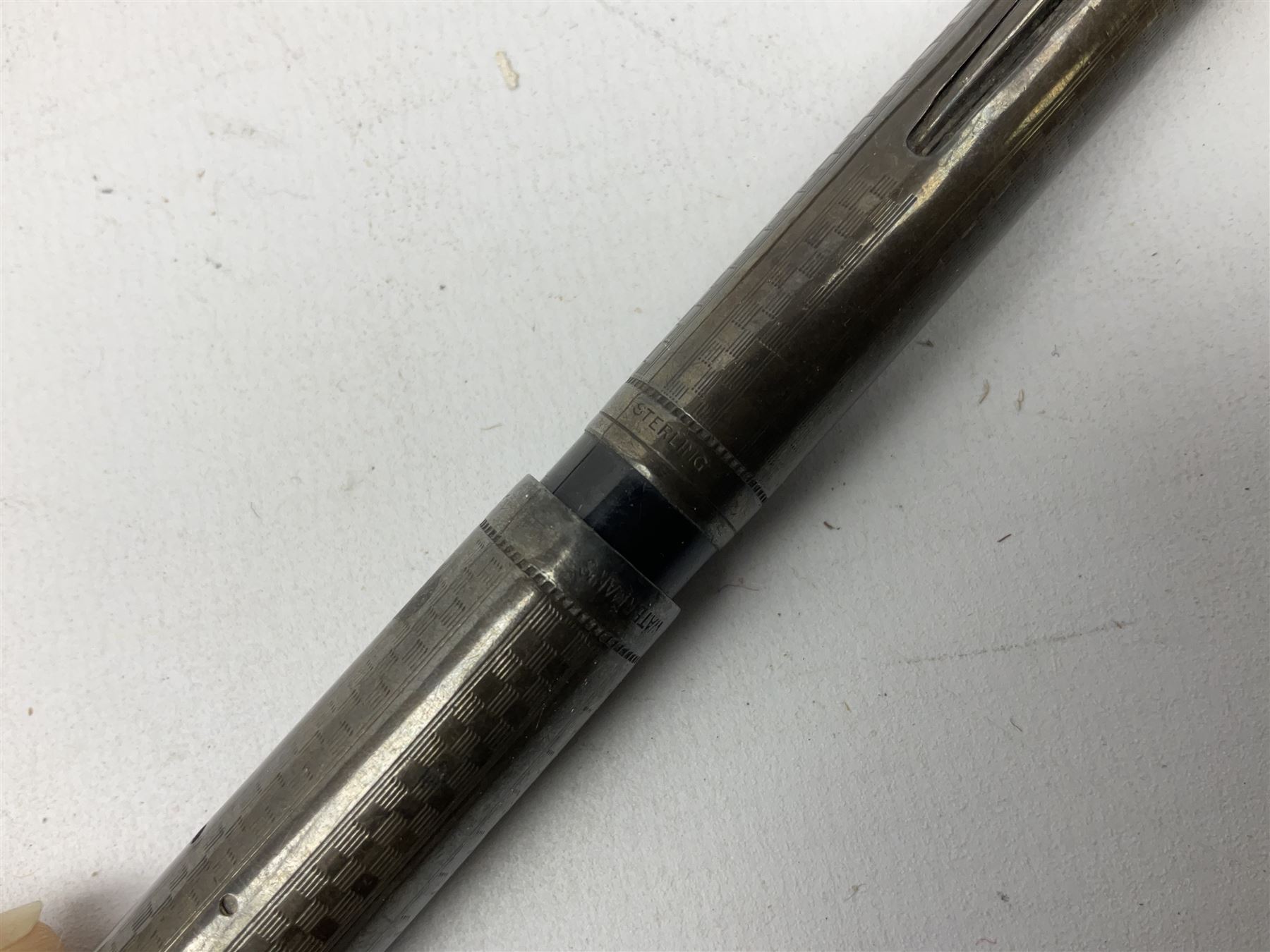 Silver Waterman's Ideal fountain pen with textured decoration, stamped Sterling, together with other fountain pens with gold nibs to include 14ct gold examples, together with further pens to include ballpoint examples