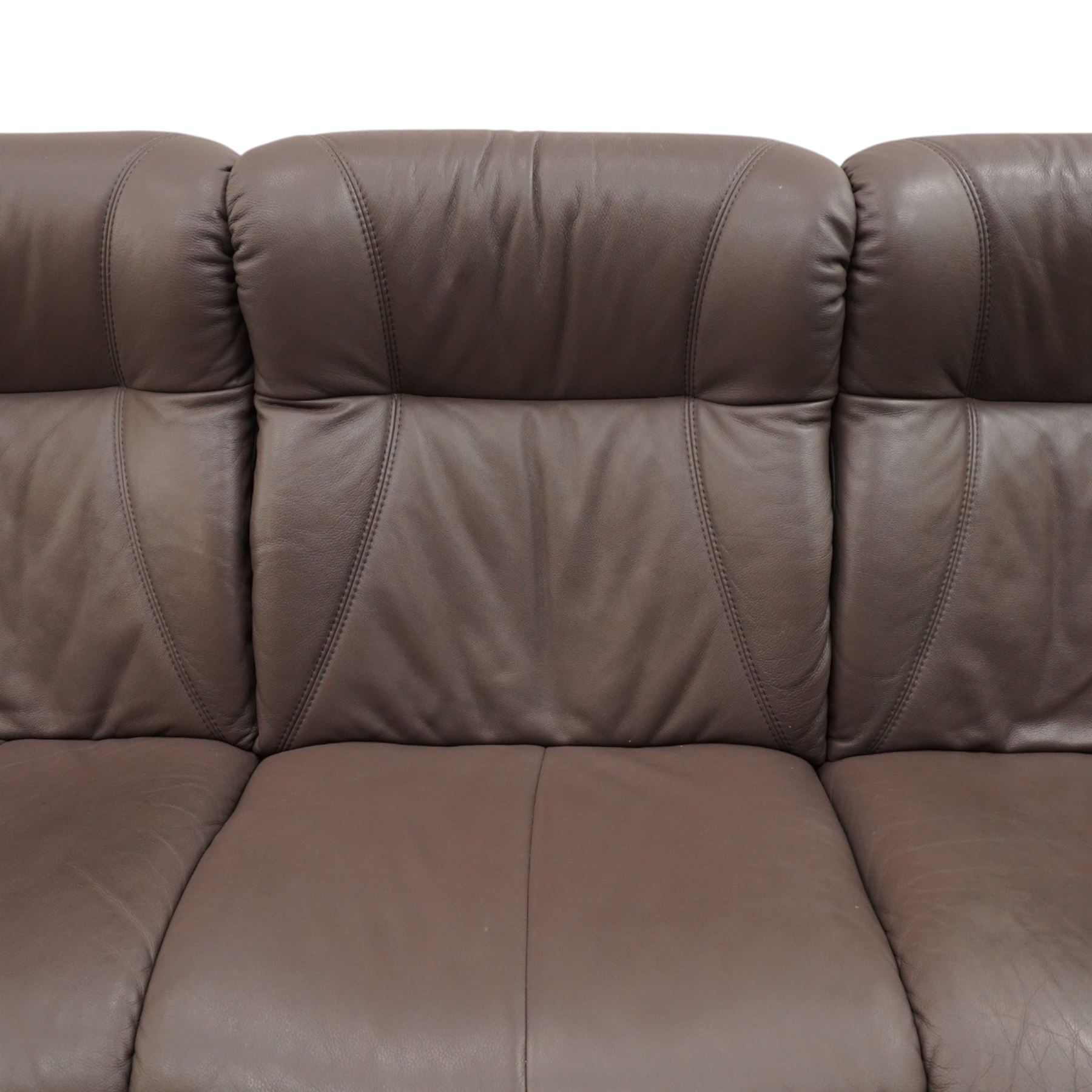 Himolla - ‘Cumuly’ lounge suite upholstered in deep aubergine leather, comprising two-seat sofa with high padded back, shaped arms and panelled upholstery (W 161cm, D 82cm, H 93cm), and three-seat sofa conforming (W 200cm, D 82cm, H 93cm)