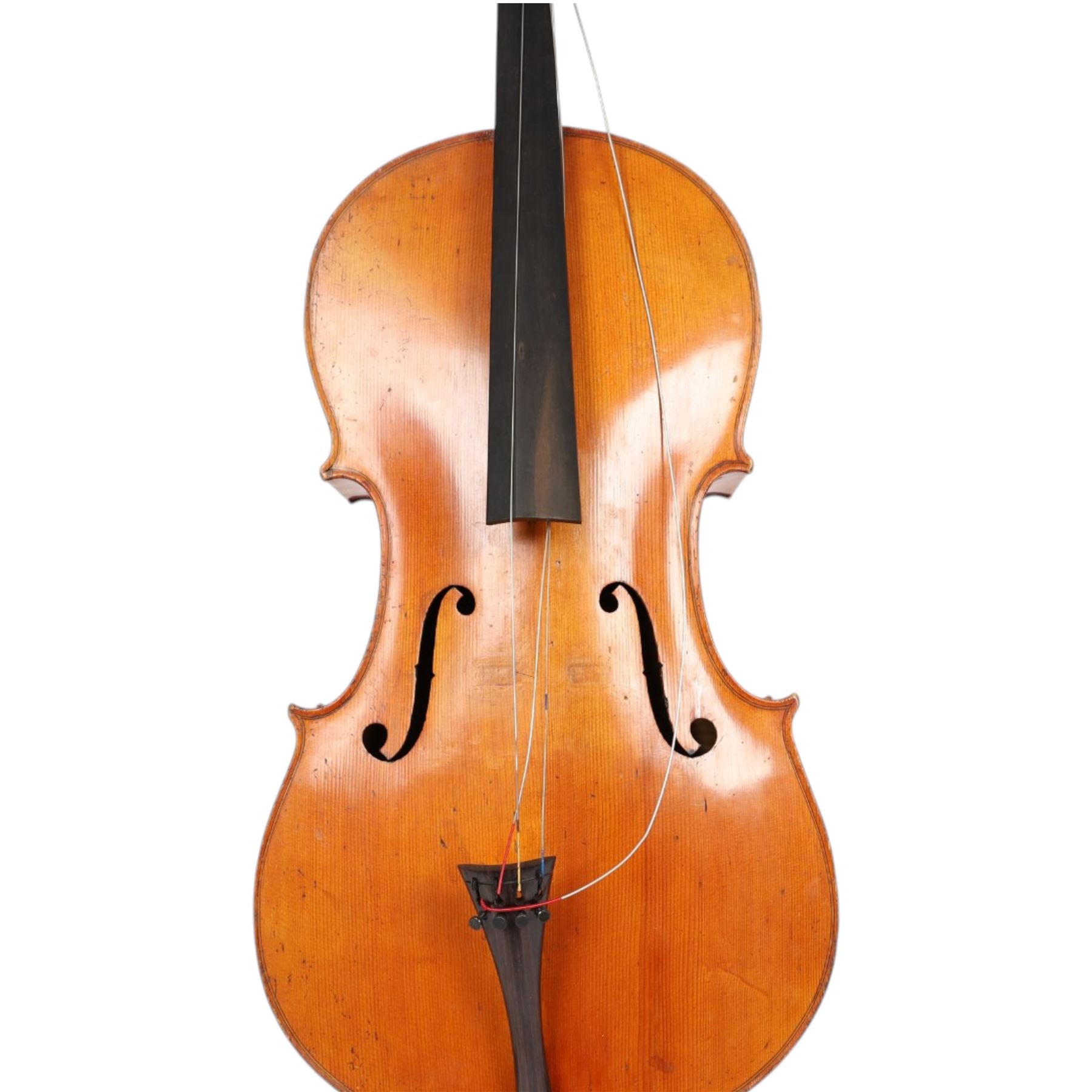 19th century cello, with two piece back and ebonised finger board, contained within a hardcase, cello back length 75cm
