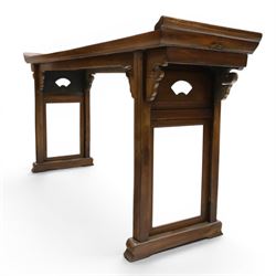 Chinese elm altar table, rectangular plank top with galleried sides, raised on reeded square supports with scrolled spandrels