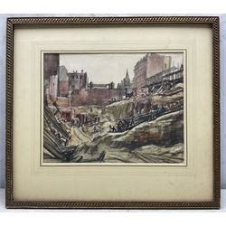 Joseph Ridley Ratcliffe McCulloch RBA (British 1893-1961): Permanent Site of the Building Society - Leeds, watercolour signed 25cm x 32cm 
Notes: McCulloch draughtsman, watercolourist, printmaker and teacher born and educated in Leeds at Brudenell School Hyde Park, gained a diploma at the Royal College of Art in 1912. Taught at Ipswich School of Art and life drawing at Goldsmiths' College of Art 1941-1950. Unfortunately came to a sad end, reportedly selling papers and matches on the London streets