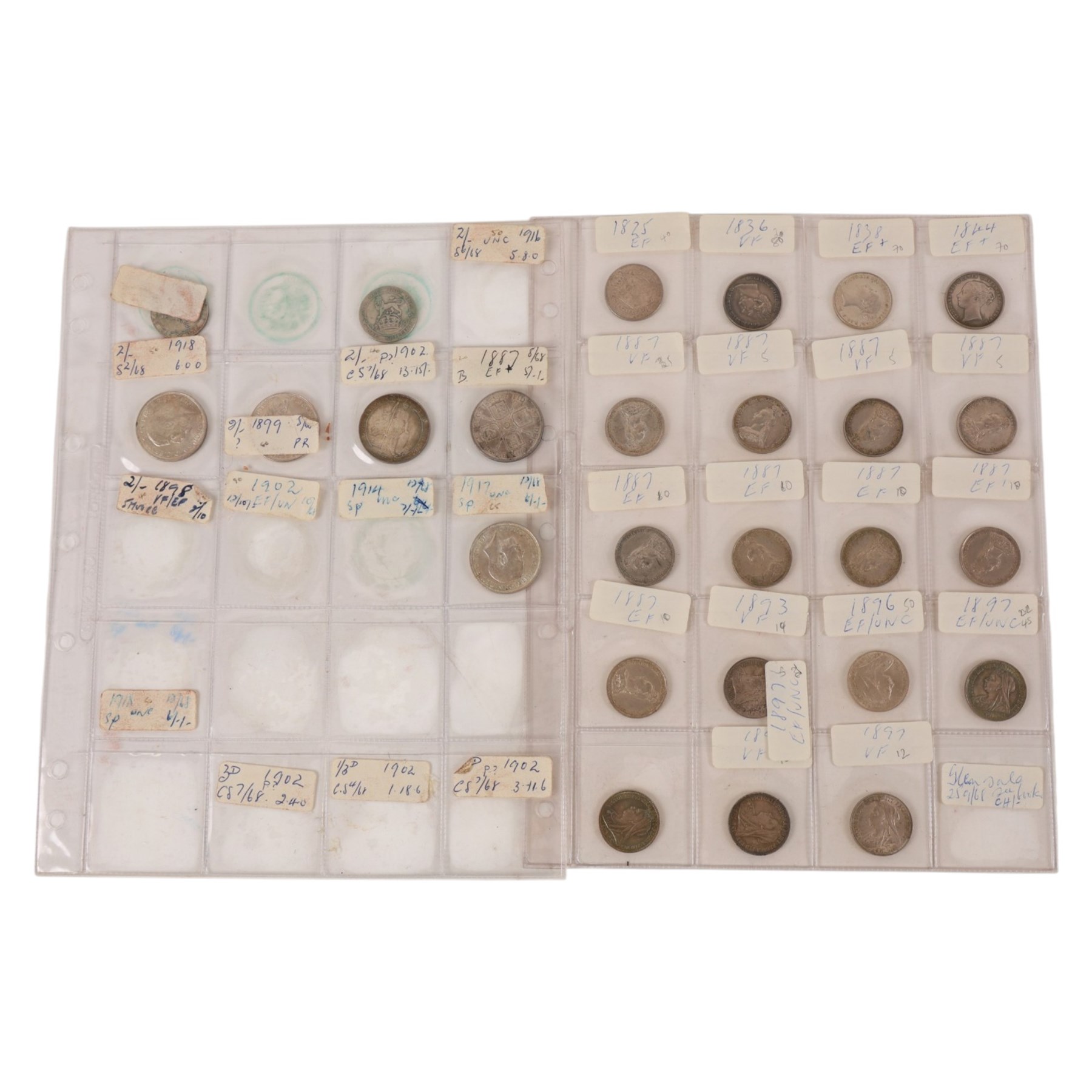 Approximately sixty-five Great British pre-1920 silver shilling coins, and five pre-1920 florin coins