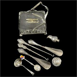 Silver handled button hooks and shoe horns, cut glass jar with silver lid, two silver spoo...