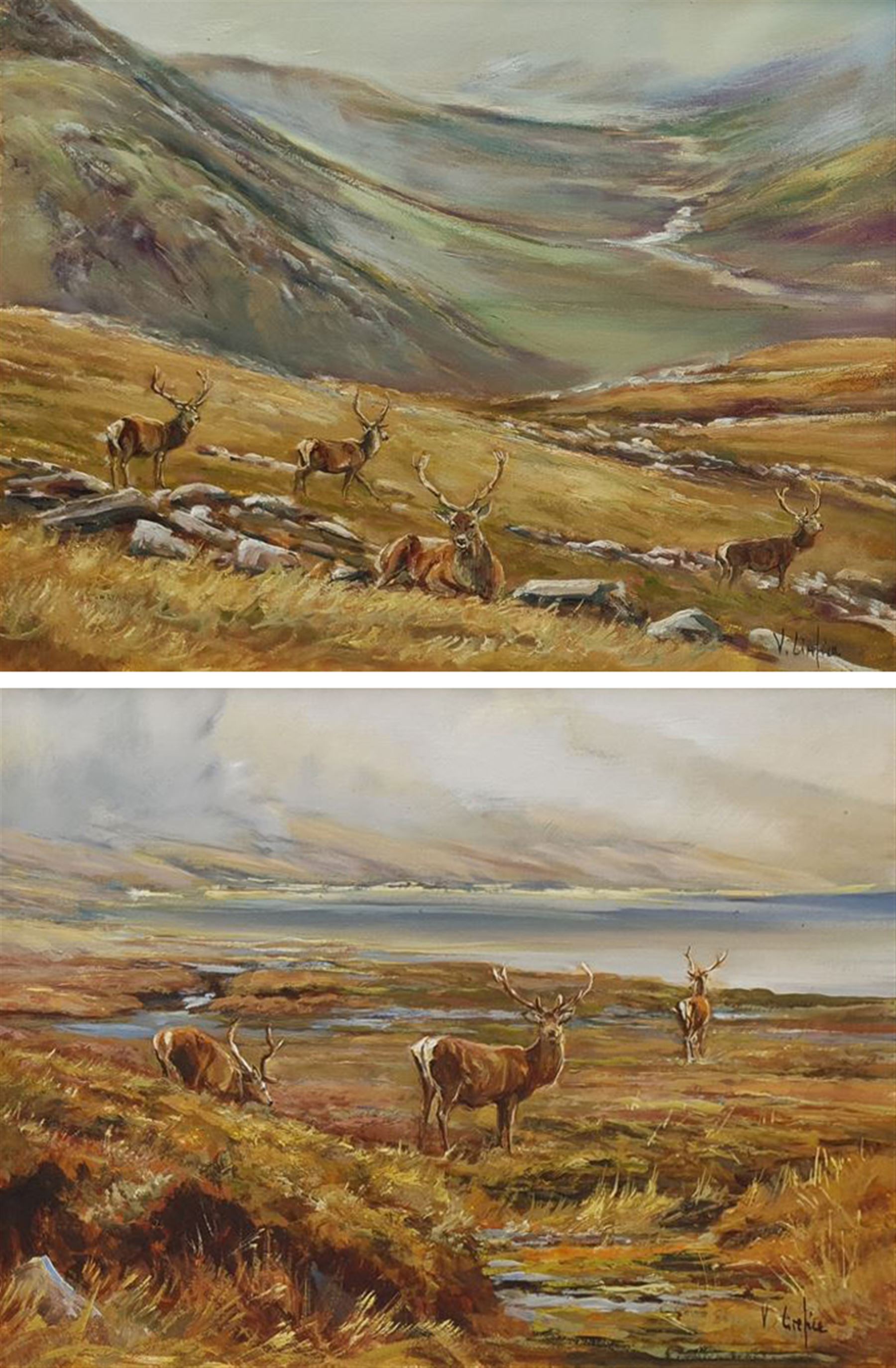 Vittorio (Victor) Antonio Cirefice (Welsh 1949-): 'Waiting for Him to Get Up' and 'Summer Evening Feed' in the Scottish Highlands, pair oils on canvas signed, inscribed verso 35cm x 45cm (2)