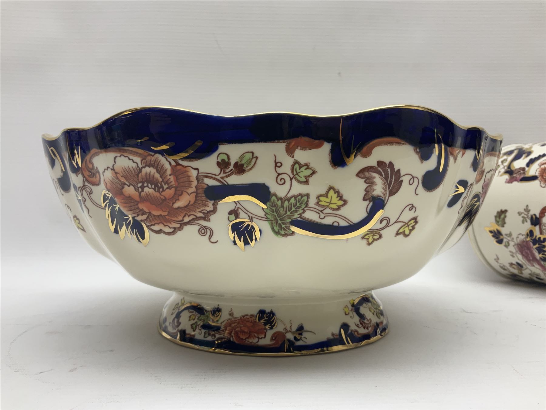 Masons Ironstone in the Mandalay pattern stepped dish, vase, jug , covered jar and two picture frames 