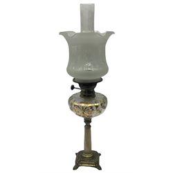 Brass mounted onyx column oil lamp, with a iridescent glass reservoir decorated with gilt floral decoration and etch glass shade, H64cm   