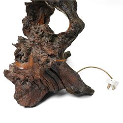  Mid-20th century burl root wood table lamp and shade overall H85cm