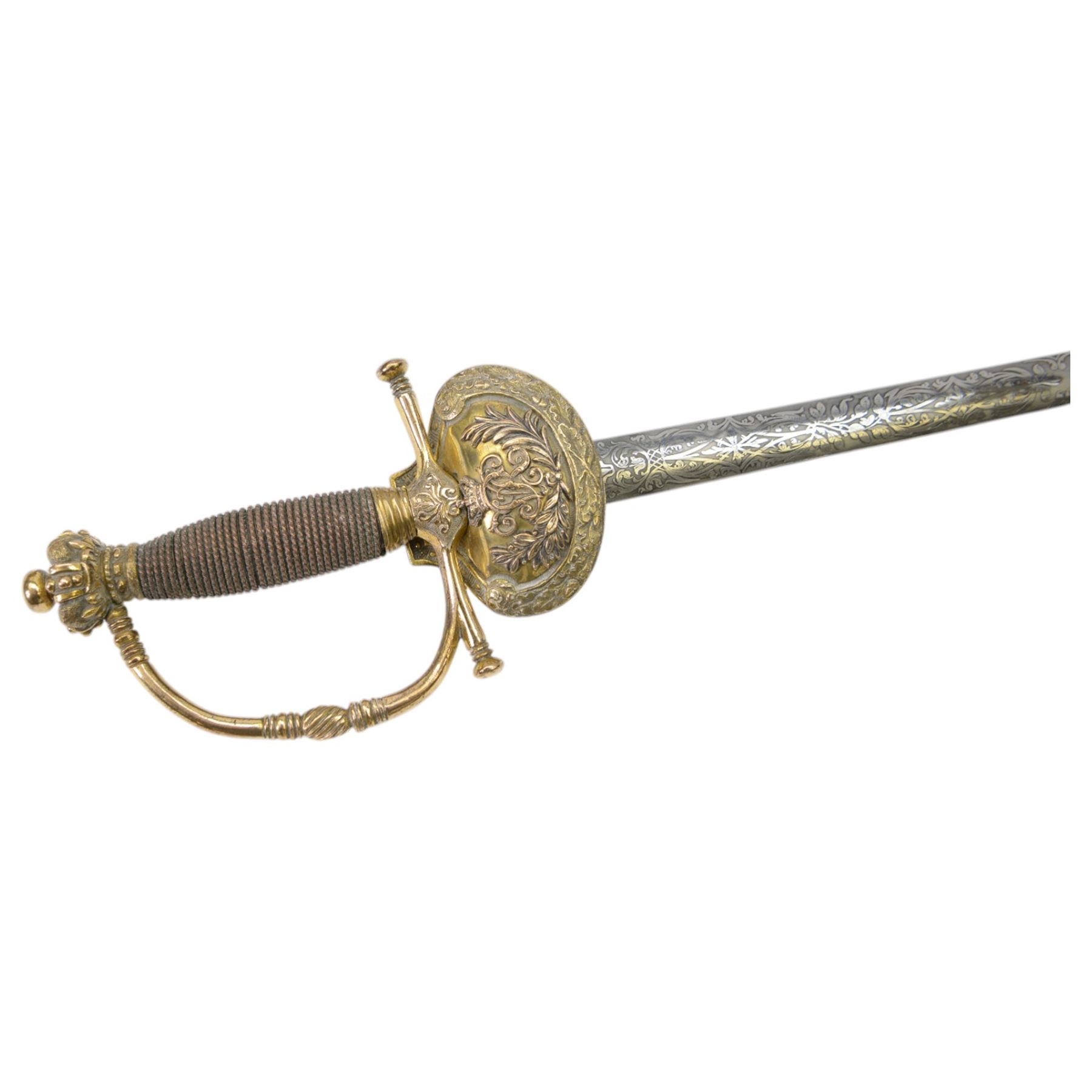 Victorian court and diplomatic ceremonial sword, the 79cm blade finely etched with scrolling motifs and engraved Huntsman Marlboro St, London, with crown pommel, wire bound grip, bow shaped guard and crossguard with gilt shell guard and crowned VR cypher,  in a brass mounted leather scabbard, overall L91cm
