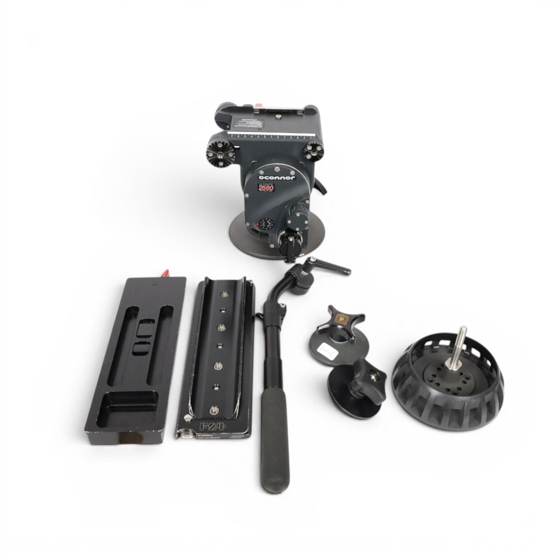 O'Connor 2560 Fluid Head serial no. C1260-2003, with accessories to include pan handle, MOY/Mitchell base plate and tie-down, 150mm bowl adapter and tie-down, quick release base plate and Arri 300mm bottom plate, in custom cut flight case 