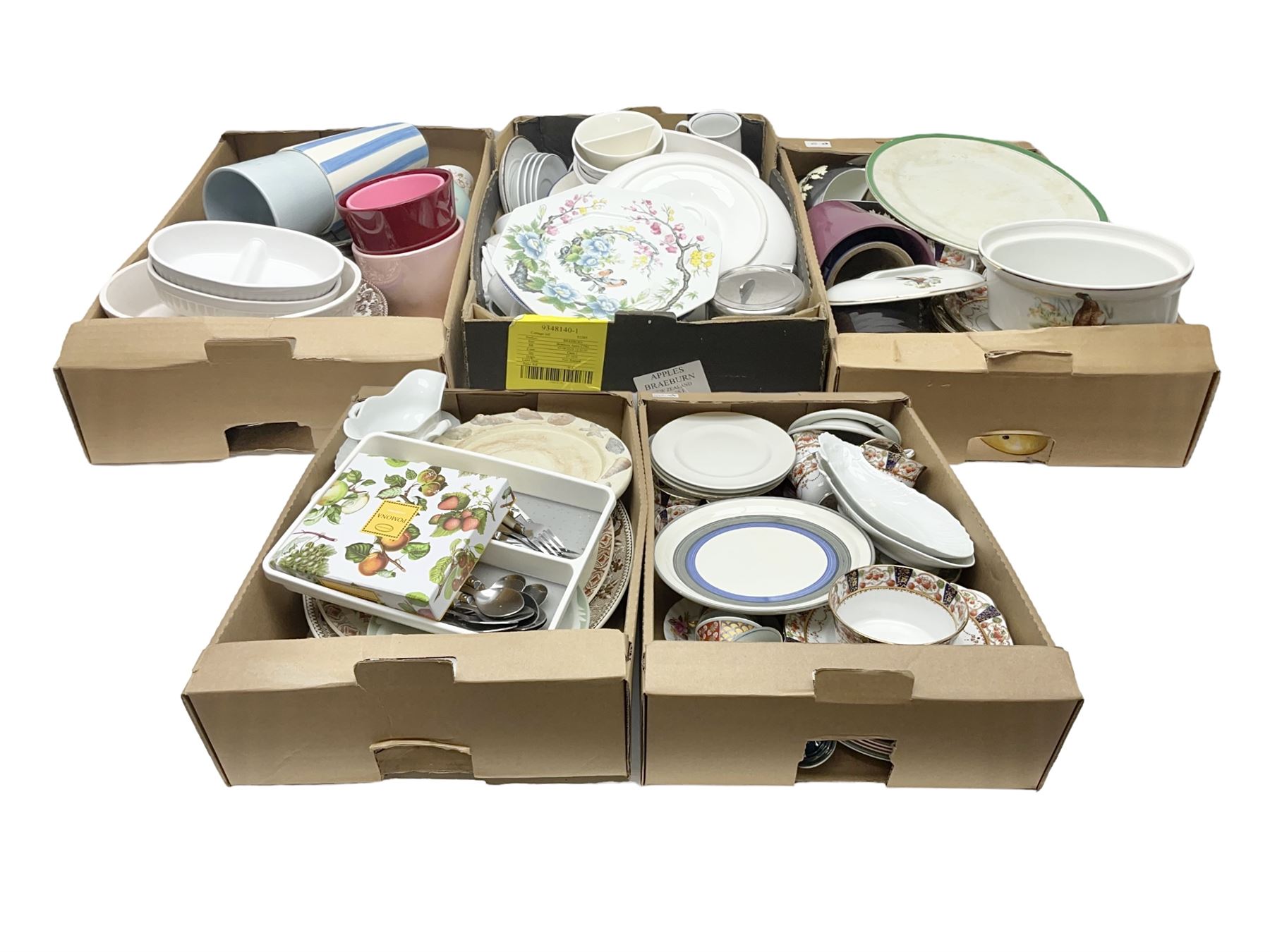 Four large meat platters, Royal Worcester Bunnykins mug and a large collection of other ceramics, including vases, dinner plates, teawares, etc, in five boxes 