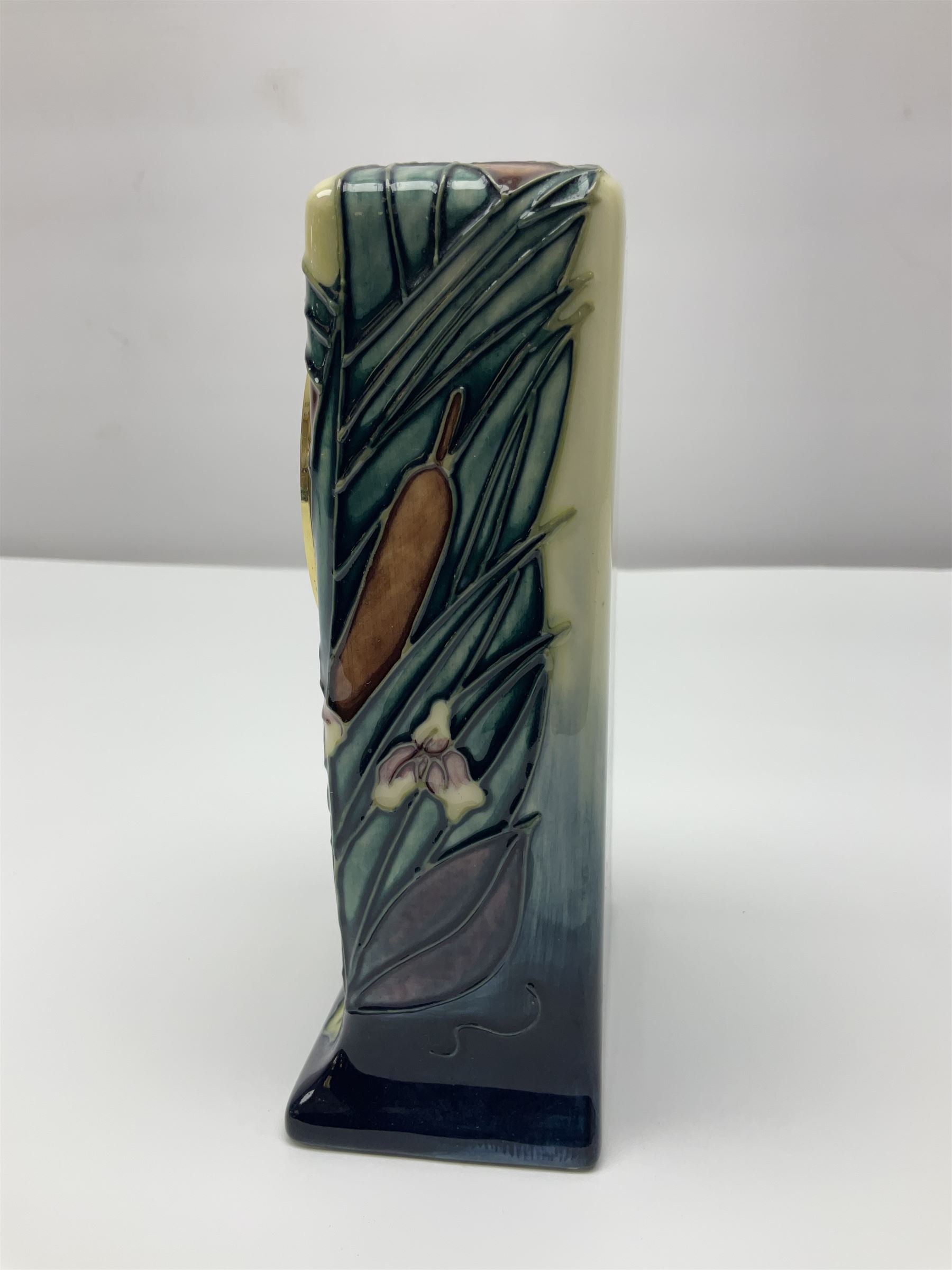 Moorcroft mantel clock, decorated in Bulrush and Water Lily pattern, with impressed and printed marks beneath, H15.5cm