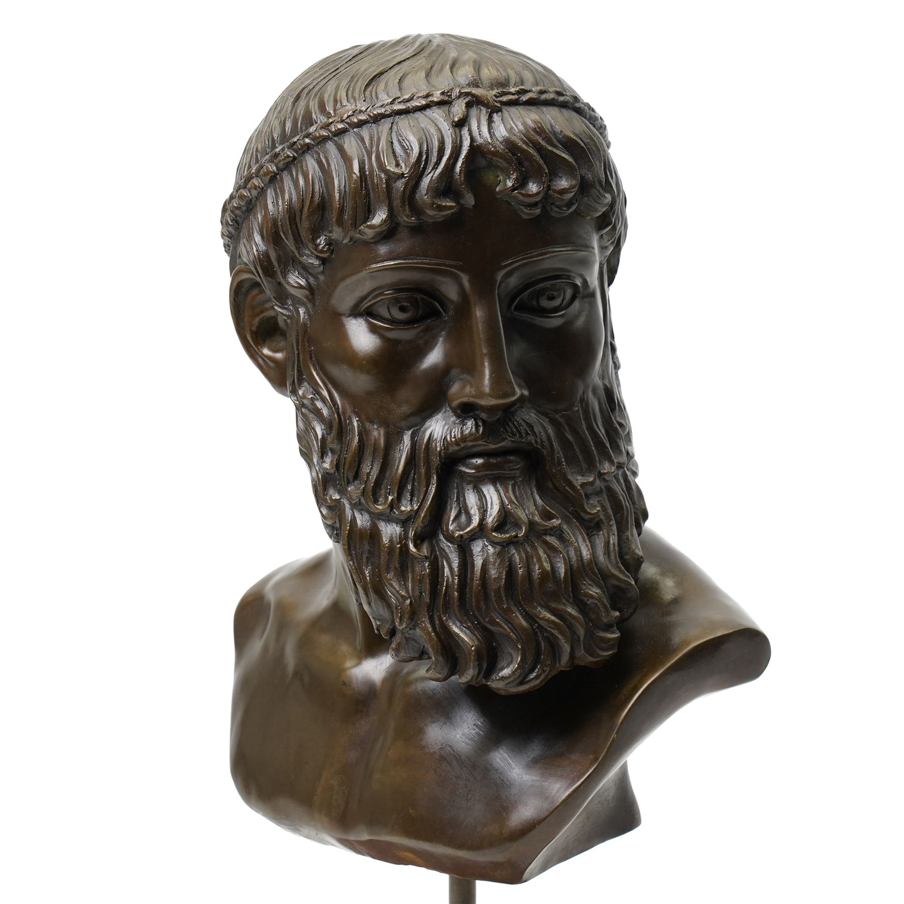 After the antique – a bronze bust modelled on the Artemision Bronze depicting the Greek god Zeus, the bearded head with intense gaze and idealised Classical features, raised on a marble plinth
Notes: the original is now held at the Archaeological Museum of Athens after being recovered from the sea off Cape Artemision, H49cm