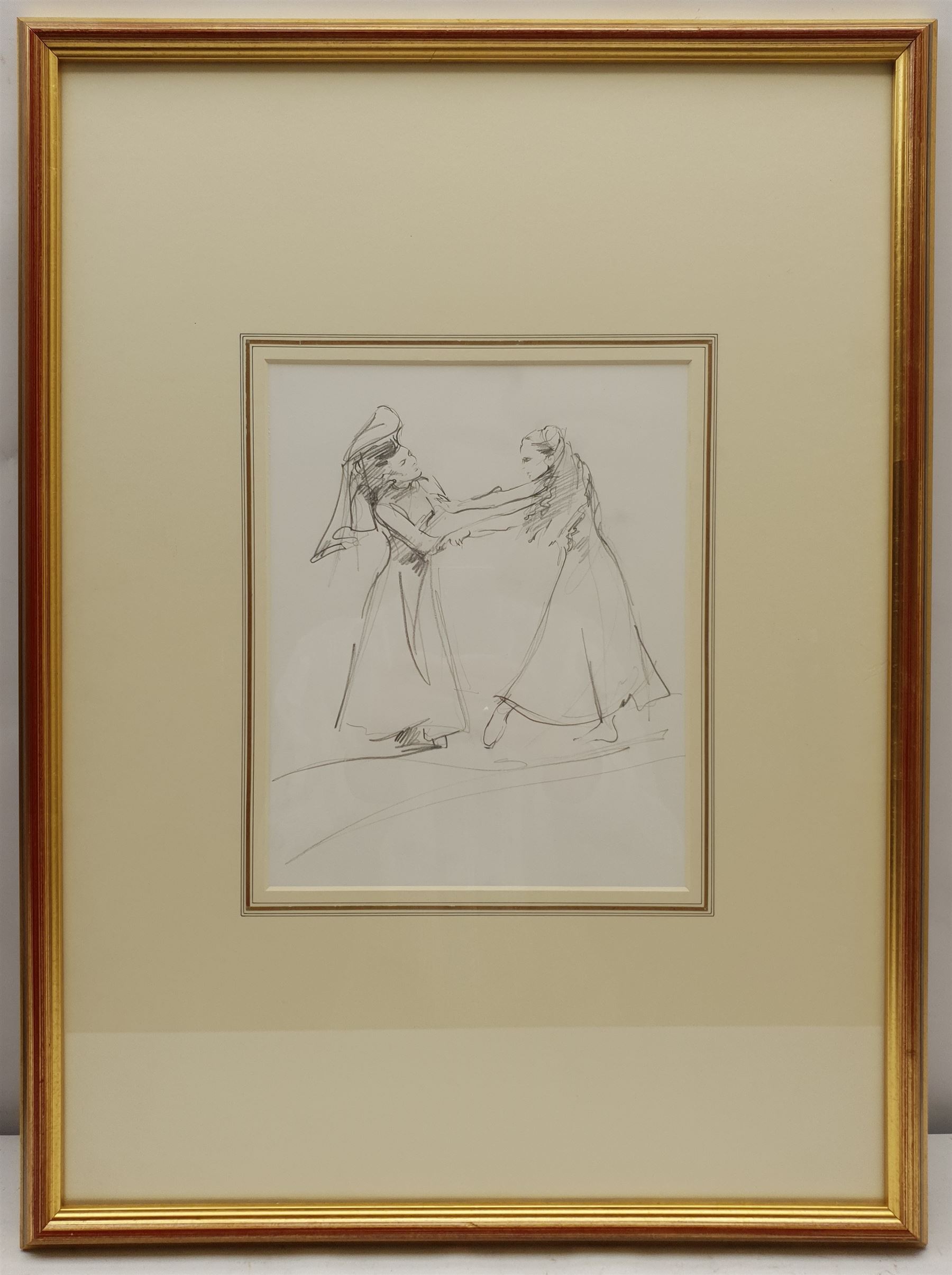 Lesley Fotherby (British 1946-): 'Two Dancers' in Edward II and 'Preparing for Coppelia Study II', two pencil sketches titled on gallerys label verso 25cm x 20cm and 24cm x 19cm (2)
Provenance: exh. 'Lesley Fotherby: Sunlight and Spotlight', Chris Beetles April 2014, No.s 113 and 129, where purchased by the vendor