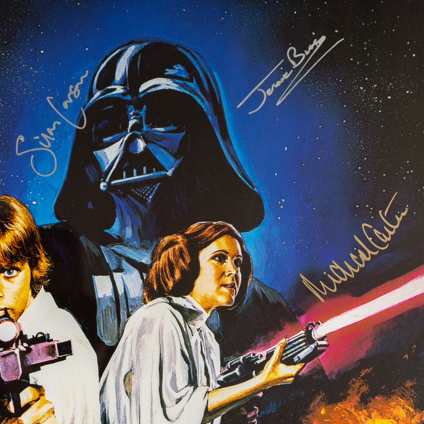 Limited edition multi-signed one sheet Star Wars poster, signed by Kenny Baker, Jerome Blake, Phil Brown, Jeremy Bulloch, Silas Carson, Mike Carter, Michaela Cottrell, Oliver Ford Davies, Mike Edmonds, Garrick Hagan and Michael Sheard, with certificate of authenticity form Collector Zone, framed, poster H90cm, W62cm