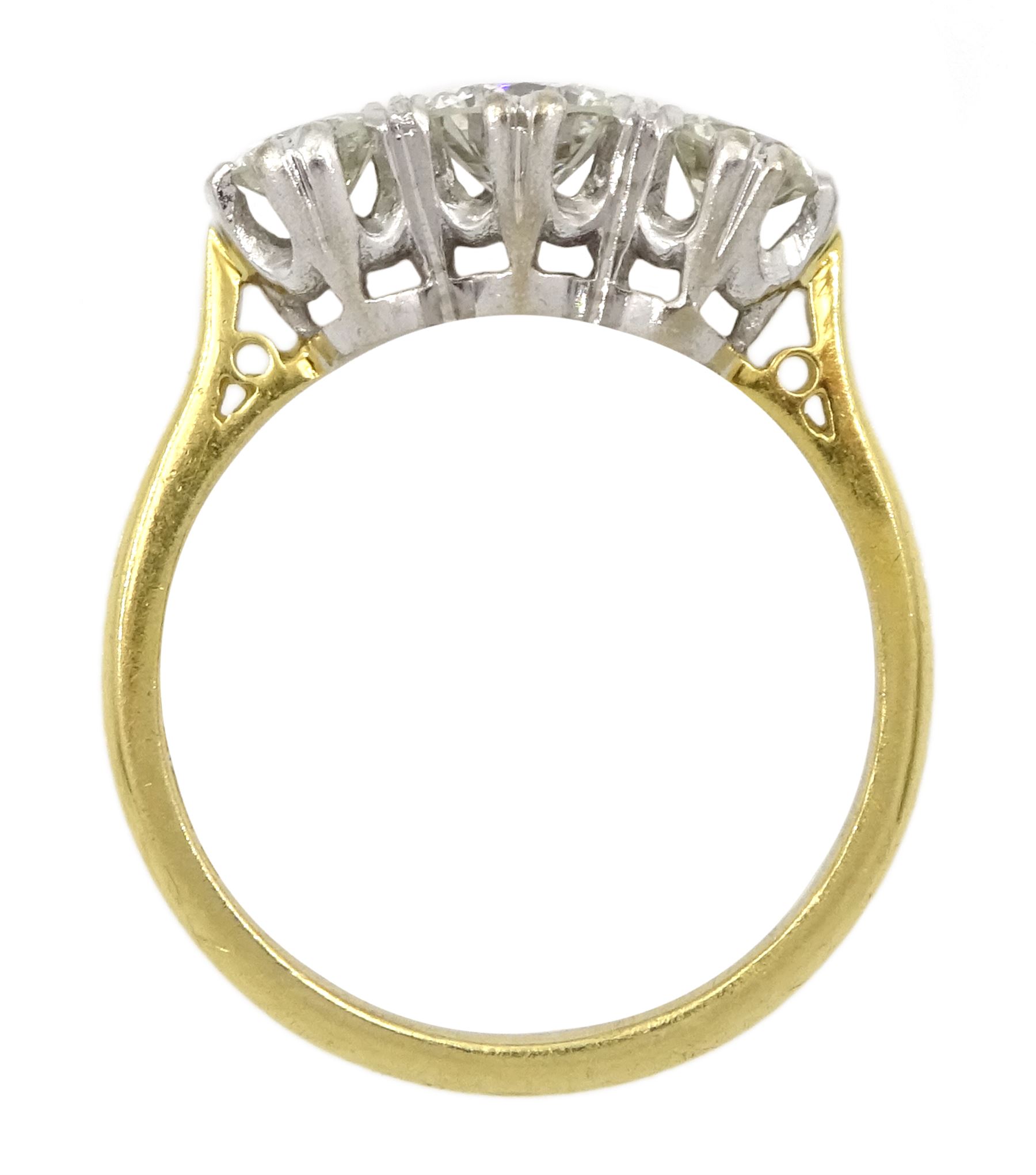 18ct gold three stone round brilliant cut diamond ring, London 1976, total diamond weight approx 1.20 carat