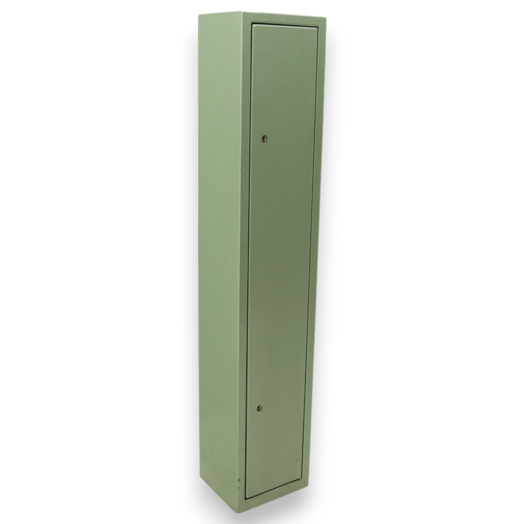 Bailey Structural Ltd green-painted steel gun cabinet, with lockable hinged door, internal shelf and foam rifle rack, complete with key
