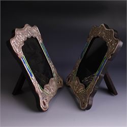 Pair of silver mounted Art Nouveau style photograph frames, with enamel butterfly and floral decoration, with wooden easel stands verso, stamped Sterling, H21cm