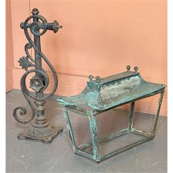 Pair of substantial cast iron gas lamp brackets of scrolling form, fitted for gas, complete with original oblong pagoda topped copper lanterns. L104cm, H80cm. - COLLECTION BY APPOINTMENT FROM: The White House, Thirsk Road, Easingwold, York, YO61 3NF - CALL 01723 507111 TO ARRANGE