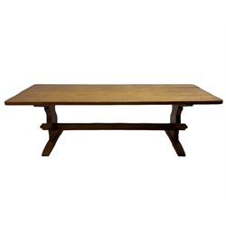 Gnomeman - large oak refectory dining table, rectangular adzed top on shaped end supports with sledge feet, united by pegged stretcher, carved with gnome signature, by Thomas Whittaker, Little Beck