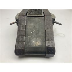 Large clockwork model of a WW1 Tank made of tin-plate and aluminium, with moving side cannons, the clockwork chain driven movement driving the articulated tin tracks; L28.5cms  W16.5cms and H13.5cms