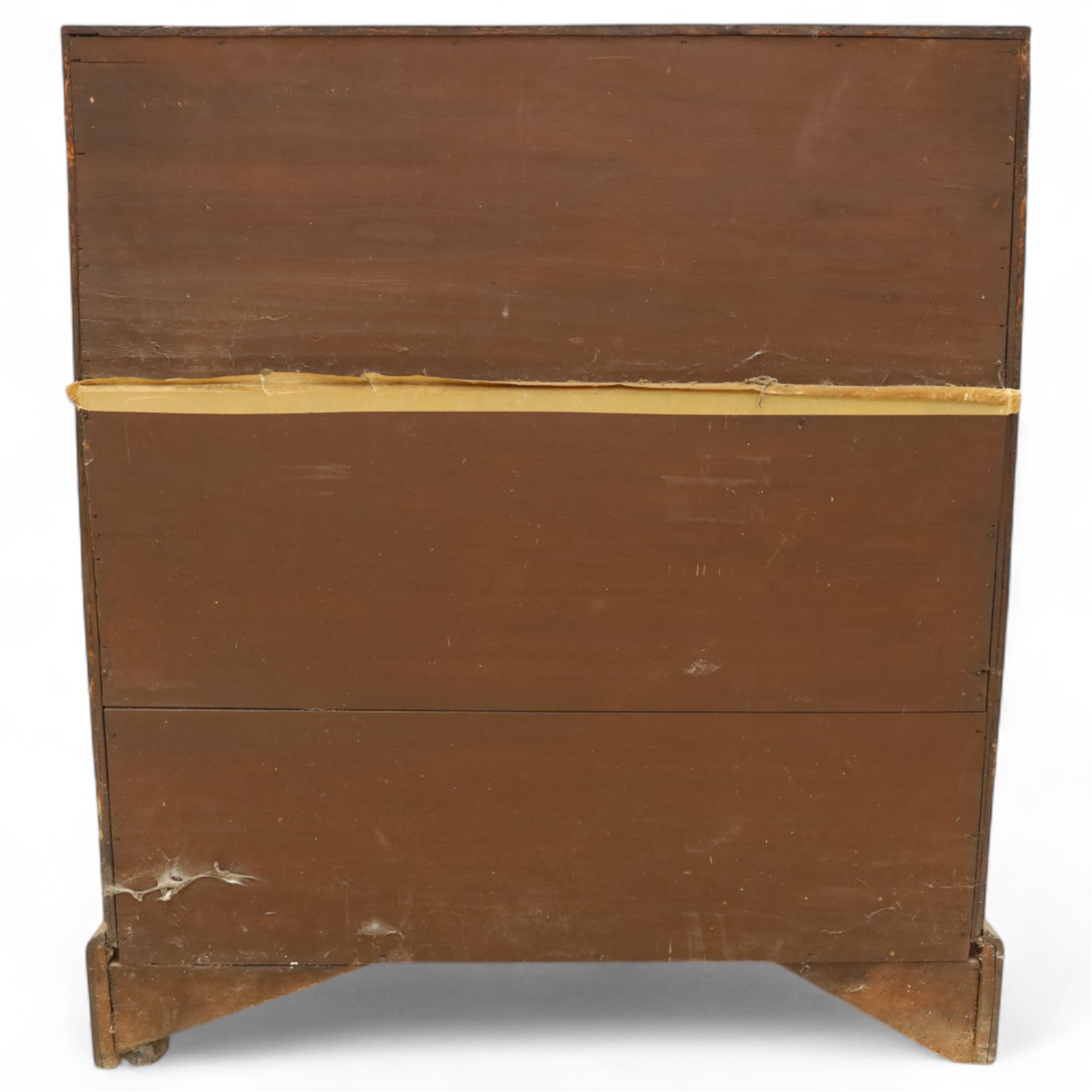 18th century walnut and herringbone banded bureau, the fall front enclosing a stepped and arched interior fitted with pigeonholes, drawers and concealed compartments, green tooled leather writing surface, over two short and three long graduated drawers with brass escutcheons and bail handles, shaped bracket feet