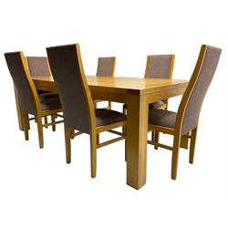 Large pippy oak rectangular dining table, square block leg, and six high back upholstered chairs, retailed by Chapmans of Newcastle