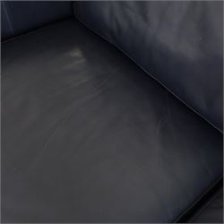Modern blue leather two seat sofa, square formed arms, four loose cushions
