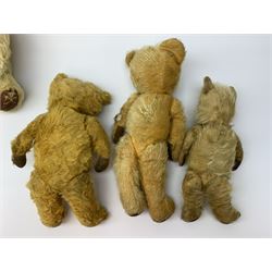 Five English teddy bears c1930s-50s comprising Chad Valley with swivel jointed head, glass eyes, vertically stitched nose and mouth and jointed limbs with rexine pads H16
