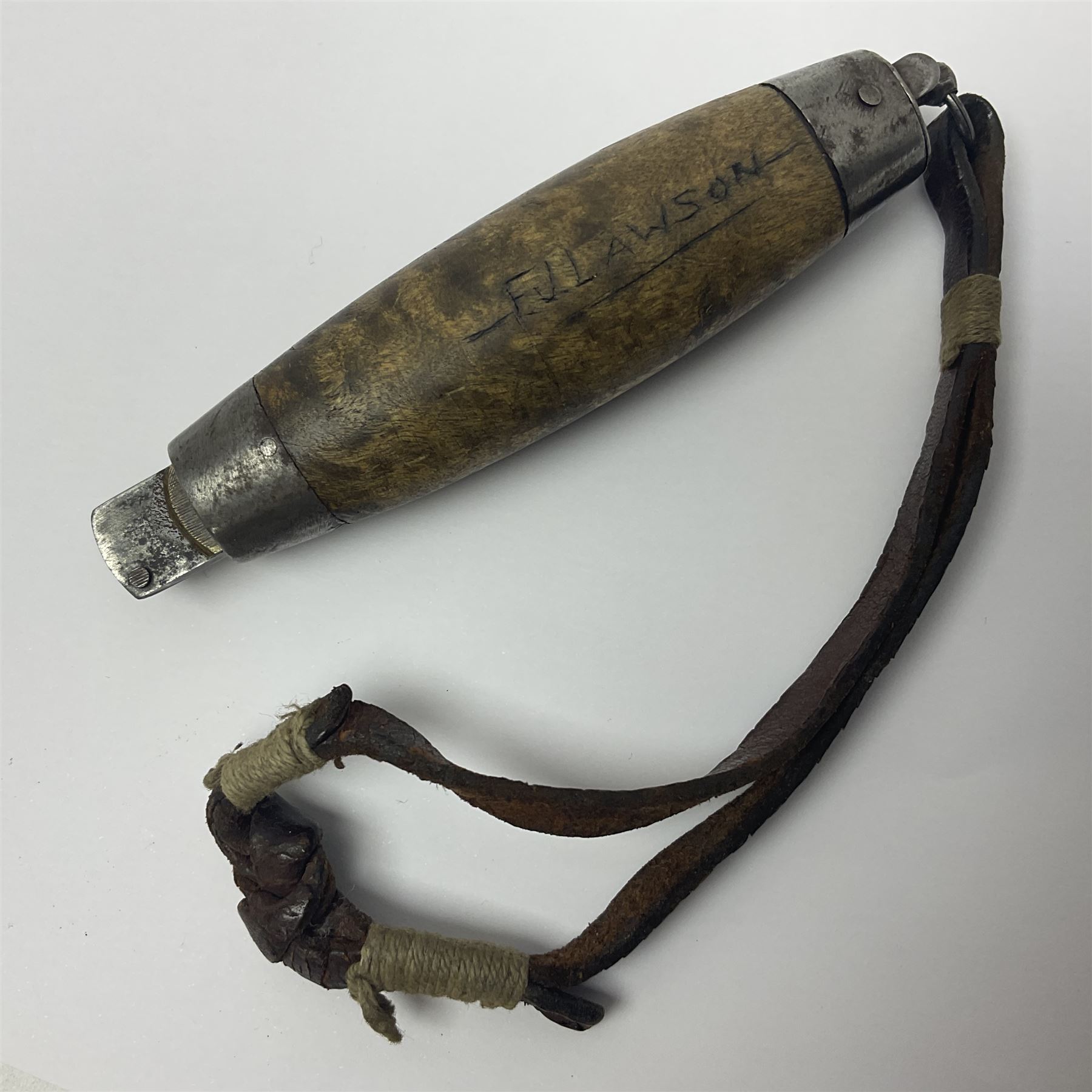 Mid 20th century Swedish barrel/sloyd knife by Segerstrom, with wooden handle and leather strap, stamped Segerstrom Eskiltuna Sweden, blade 8cm