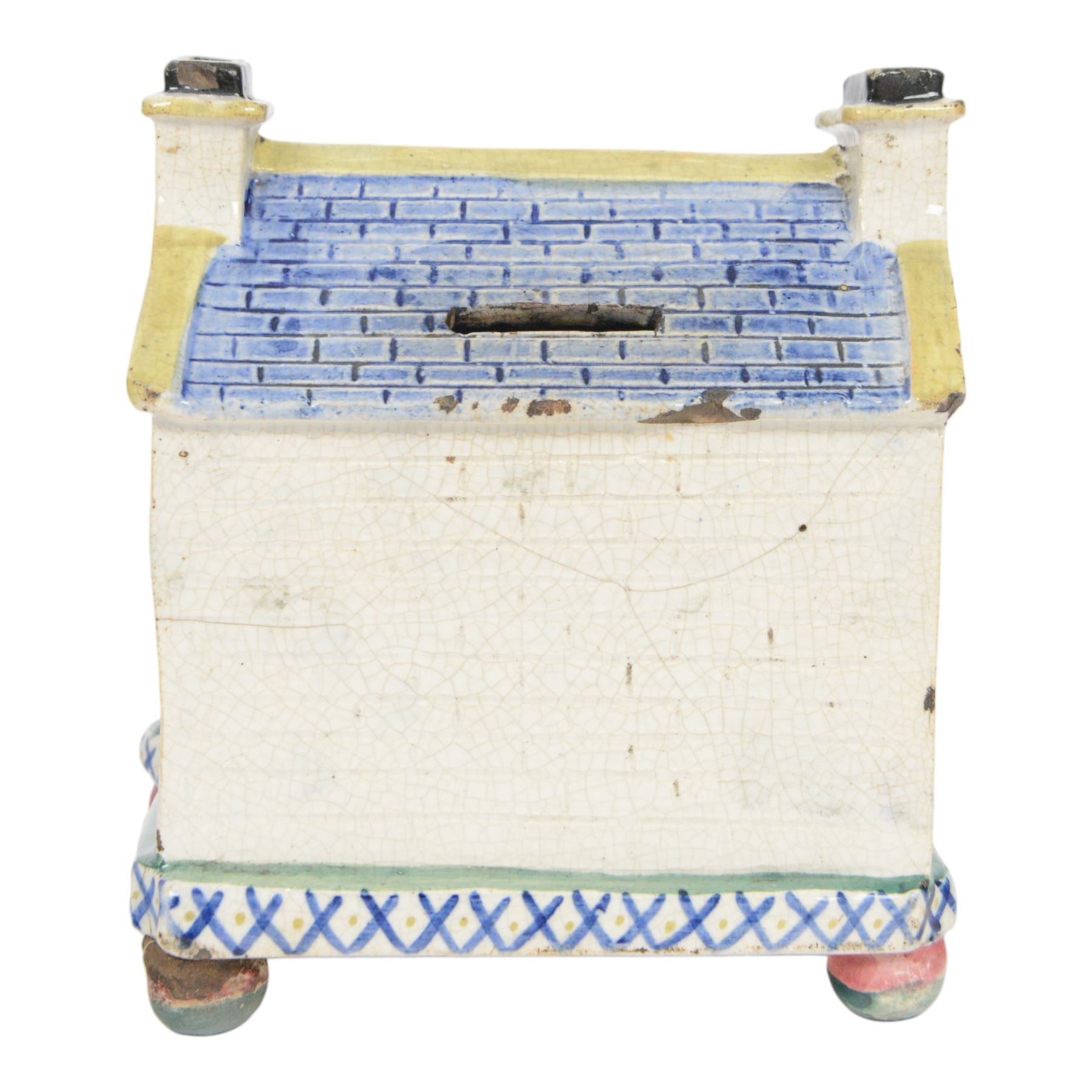 Mexborough Prattware Wesleyan Chapel Money Box, 1848, typically modelled as a chapel with putti to the front corners, on ball feet, inscribed  to the front Emma Sutton Bampton June 18 1848, H17cm, L15cm