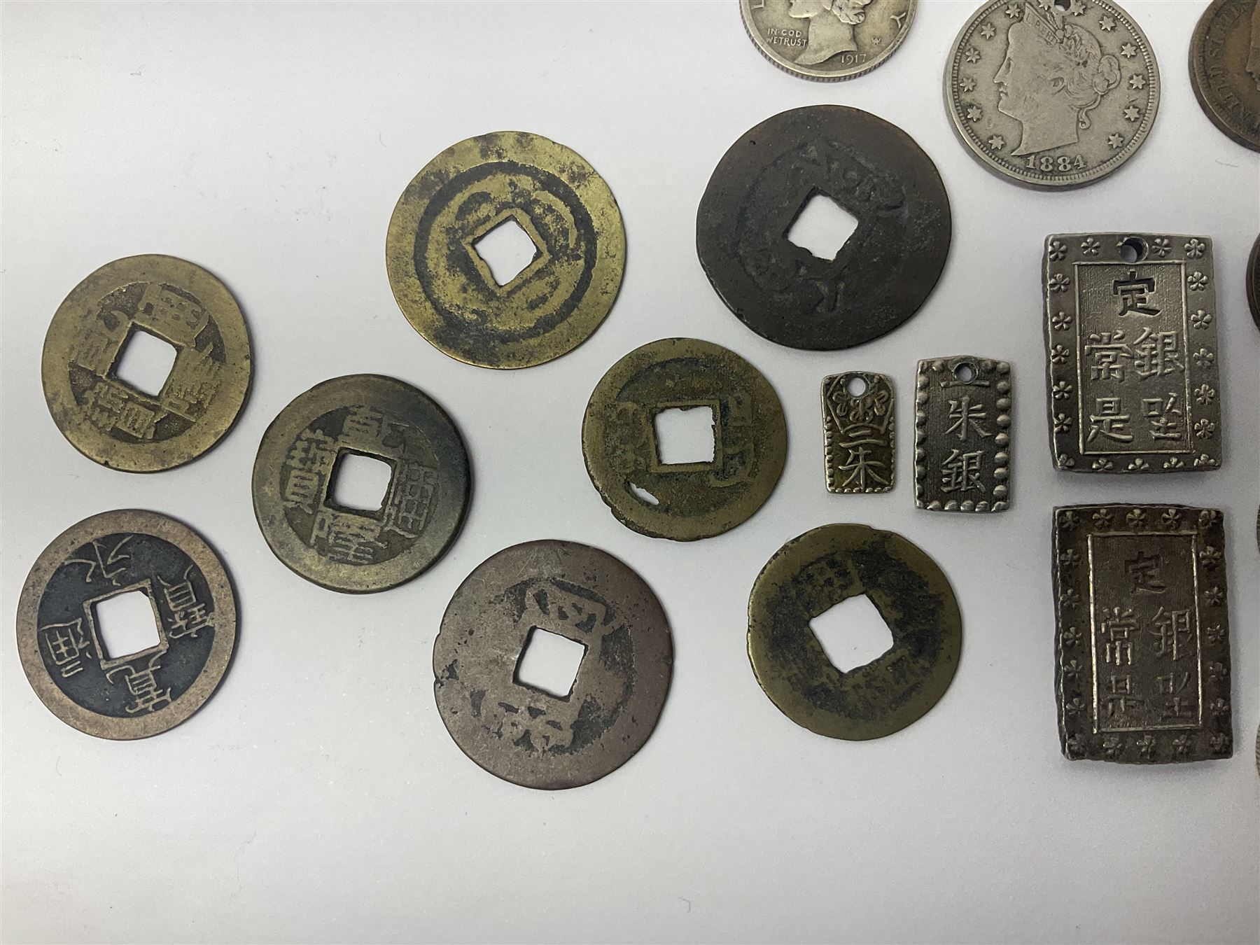 Coins, tokens, paranumismatic and miscellaneous items, including United States of America 1850 one cent, 1877 one dime, 1884 five cents, 1926 Liberty dime etc, Queen Victoria New Brunswick 1843 one penny token, East India Company 1845 half anna, Chinese cash coins, Grand Lodge of Maryland November 16th 1886 Centennial Session medallion etc