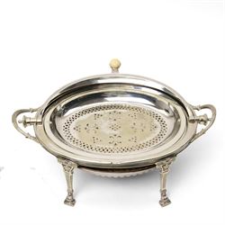 Silver plated items including chafing dish with revolving cover, circular salver, small hip flask, snuffing scissors, milk jug, sugar bowl etc