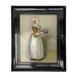 Early 19th century porcelain plaque, 'La Belle Chocolatière' (The Chocolate Girl) after Jean-Étienne Liotard, of rectangular form, depicting a young girl holding a tray with a trembleuse chocolate cup and glass of water, impressed verso K 316, in ebonised frame, plaque H23.5cm W19cm