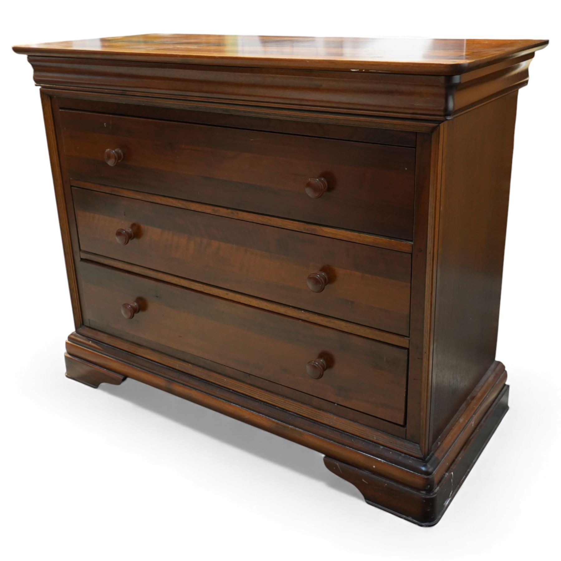 Willis & Gambier - French cherry chest, frieze baized lined drawer over three long drawers with turned wooden handles upon a moulded plinth base