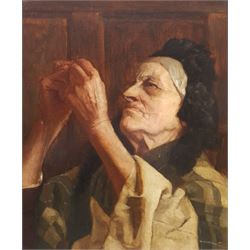 Frederick Brueton (British 1859-1916): Elderly Lady Threading a Needle, oil on canvas signed l.r. 42cm x 34cm