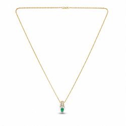 14ct white and yellow gold emerald and diamond pendant necklace, five tapered baguette cut diamonds and six round cut diamonds, suspending a single oval cut emerald of approx 0.45 carat, on a Singapore link chain necklace