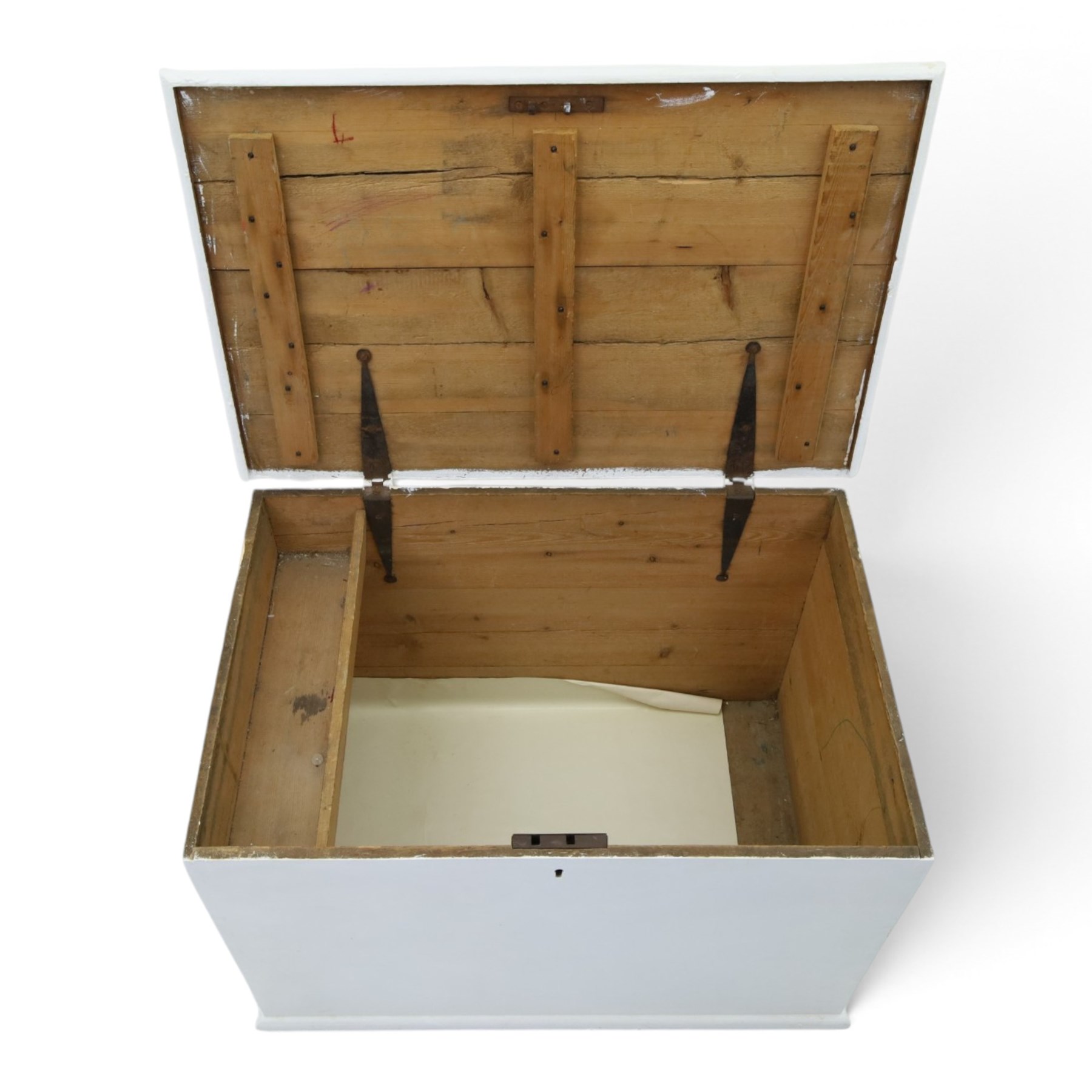 Victorian white painted pine blanket chest, with iron strap hinges, with fitted candle box, metal carrying handles