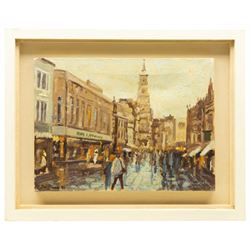 Barry De More (Yorkshire 1948-2023): 'The Precinct Halifax with Town Hall', oil on canvas signed and dated '90, inscribed verso 28cm x 38cm
Provenance: consigned by the artist's widow