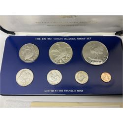 Four British Virgin Islands proof coin sets, comprising First Coinage of the British Virgin Islands 1973 proof six coin set, containing silver one dollar coin, 1977 and 1979 proof sets, containing high denomination silver coins, and The Royal Coronation Jubilee 1977 six coin silver proof set, each minted at the Franklin Mint, all cased with certificates, and a Solomon Islands 1978 proof seven coin set, containing silver five dollar coin, minted at the Franklin Mint, cased with certificate (5)