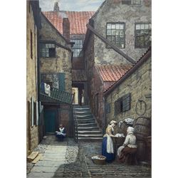 Elias Mollineaux Bancroft (British 1846-1924): 'Arguments Yard - Old Whitby', watercolour and gouache signed titled and dated 1883, further titled signed and dated with artist's address '30 Plymouth Grove Manchester' verso 76cm x 55cm