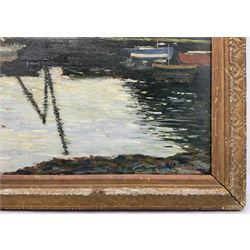 David More (British Mid-20th century): Lakeside Moored Boats, oil on board signed 39cm x 50cm