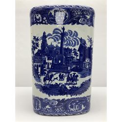 Blue and white umbrella stand, decorated with transfer print decorated with city scape, H44cm